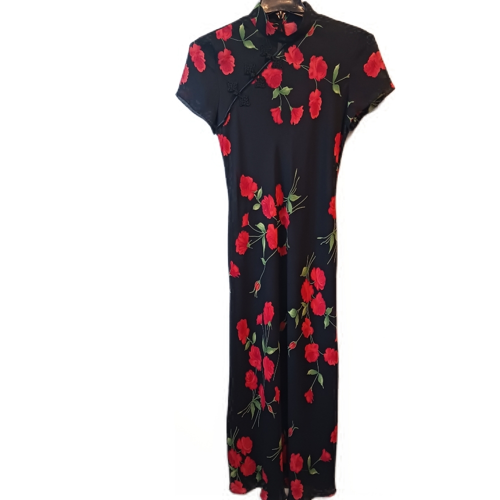 Vintage sheer Flower Print Dress, black,red,s/m